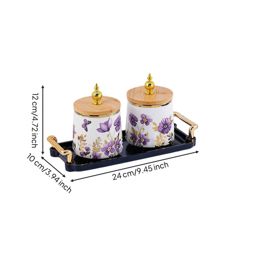 3 Pieces Ceramic Tea Canister Wood Lid Cookie Jar Farmhouse Design