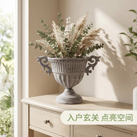 French Vintage Gray Metal Flower Pot with Handles and Vertical Lines