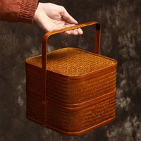 Bamboo Carry Box with Lid Handwoven Two-Tier Woven Basket Bamboo Basket with Handle Double-Layer Vintage-Style for Hosts