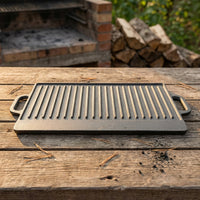 BBQ Grill and Griddle Pan for Outdoor Cooking, Heavy Duty Cast Iron Barbecue Grill with Striped Surface, Double-Sided Camping Griddle