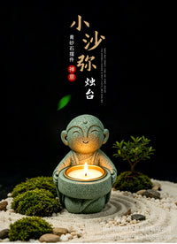 国风青砂石禅意小沙弥和尚佛像烛台庭院家居餐桌创意装饰品摆件