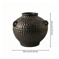 Ceramic Vase with Handles Vintage Hammered Ceramic Vase Artisanal Vessel for Entryway Table