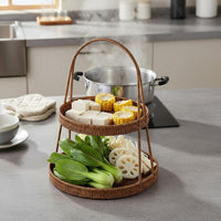 2 Tier Woven Tray Multi Layer Rattan Fruit Basket Decorative for Afternoon Tea