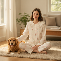 Cute Puppy Cloud Cotton Pajama Set for Women, Long Sleeve with Doll Collar and Lace Trim