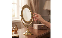 Vintage Brass Mirror with Pedestal Base Ornate Oval Vanity Mirror with Stand Gold-Toned Adjustable for Dressing Table, Bedroom