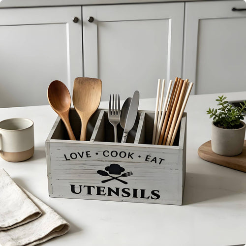 Rectangular Wooden Utensil Storage Box Decorative Lettering Three Compartment Utensil Organizer Rustic Country Cutlery Storage Box for Tabletop