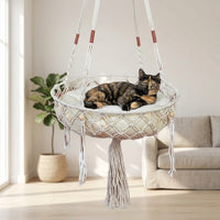 Handmade Cat Bed with Macrame Tassel, Boho Hanging Cat Bed Hammock, Round Indoor Cat Bed with Rope Loop Support for Indoor Cats