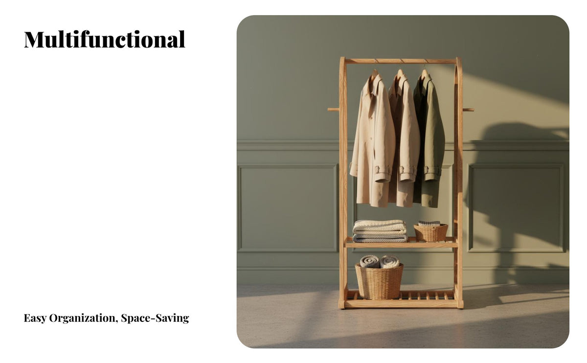 Nordic Aesthetic Hanging Rack with Shelves Unrestricted Standing Design Arched Top Clothing Rack Multifunctional Garment Stand Stable Structure for Apartment Dwellers, Homeowners, Students, Bedroom, Entryway, Dorm Room, Retail Shop