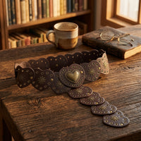 Leather Belt with Hearts Vintage-Inspired Heart Chain Belt Gold-Tone Decorative for Women, Parties, Festivals