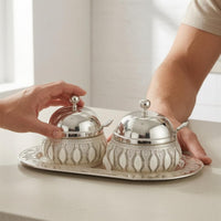 2 Pieces Condiment Holder Tray Set Floral Scrollwork Oval Tray Jar Set Embossed