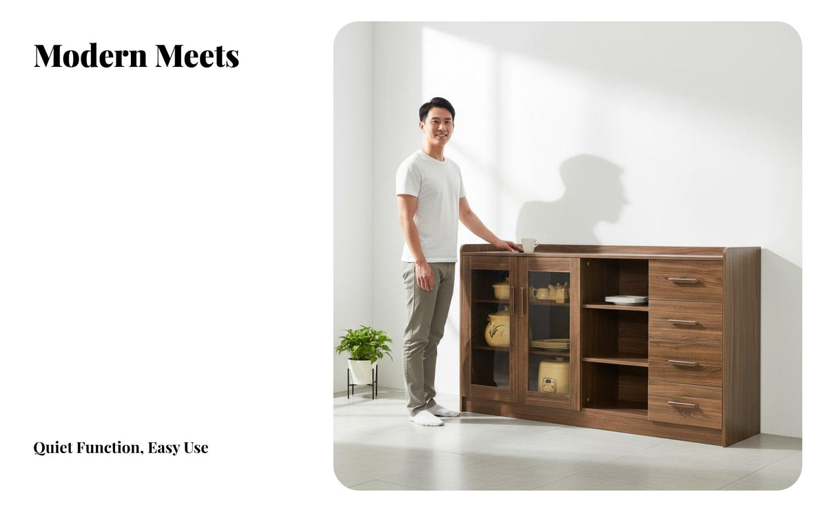 Long-Lasting & Sturdy Walnut Buffet Cabinet Spacious Tabletop Walnut Finish Buffet Easy to Clean Tea and Dish Cabinet Solid Wood Handles for Apartment Dwellers, Homeowners, Interior Decorators, Dining Room, Home Away Ice