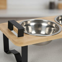 Bamboo Cat Feeder Tilted Angle Cat Food and Water Bowl Set Easy to Clean