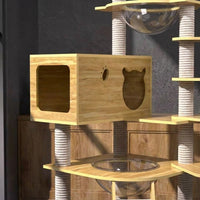 Cat House with Scratching Posts and Feeding Bowls, Solid Wood Pillar Activity Centre, Oak Board Cat Bed and Perch for Large Indoor Cats 5-Tier