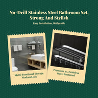 Stainless Steel No-Drill Wall Towel Rack, Removable Bar Set