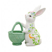 Hare Basket Planter Floral Motif Resin Hare Planter White Animal Figurine for Balcony