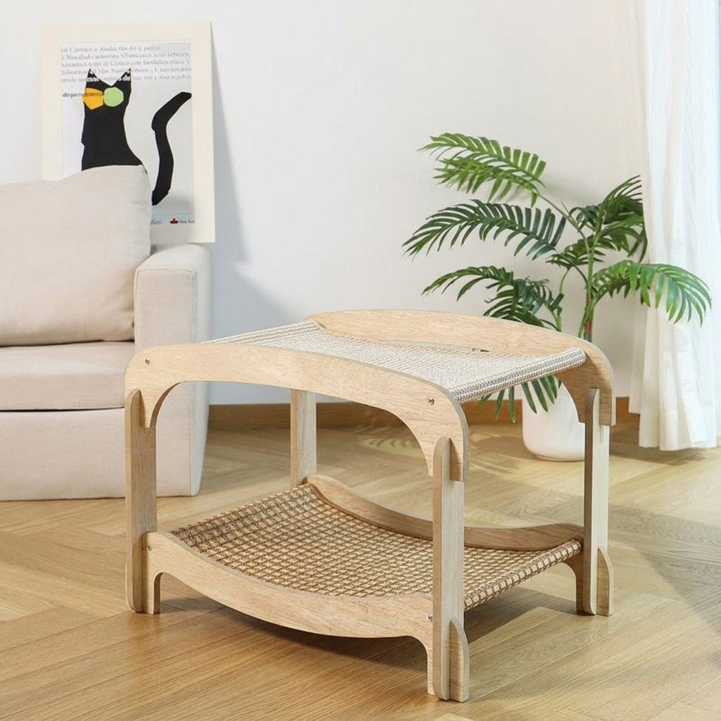 Cat Hammock Bed Multi-Level Wood Stand with Woven Rattan Sleeping Nest, Hammock Indoor Cooling Mat for Cats, Sturdy Resting Play Area