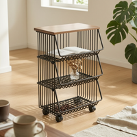 Kitchen Storage Cart with Wood Top Floor-Standing Rolling Cart with Wire Baskets Modern for Apartment