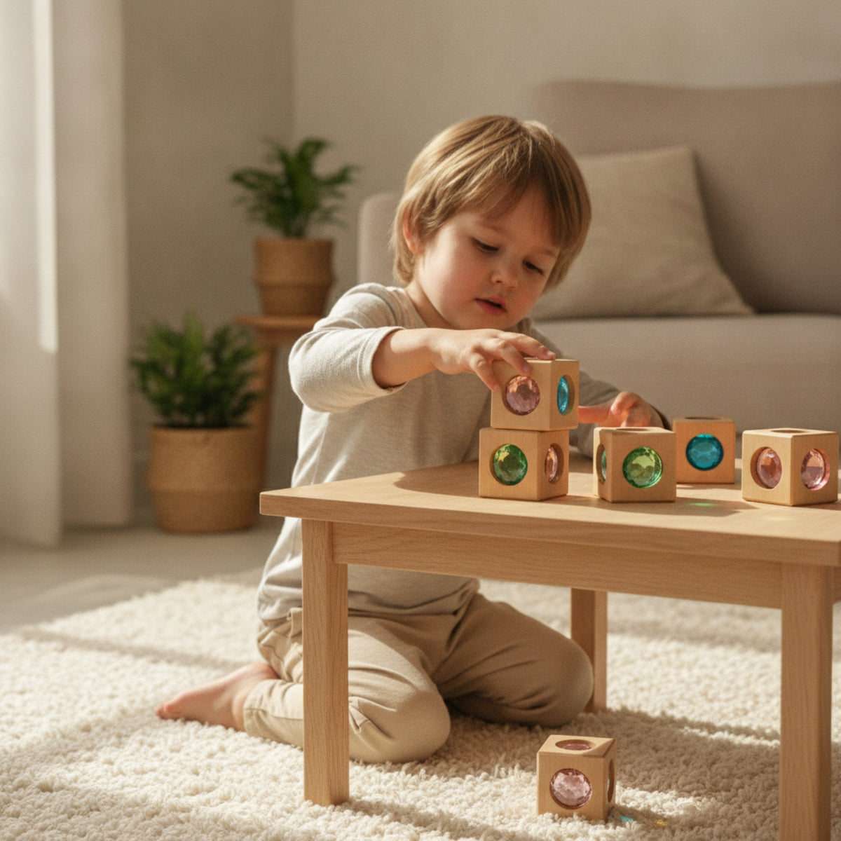 Faceted Wooden Block with Gem Sensory Gem Block Set Light-Catching Stacking Toy Child-Led for Preschoolers, Toddlers, Educators, Playroom, Classroom, Daycare