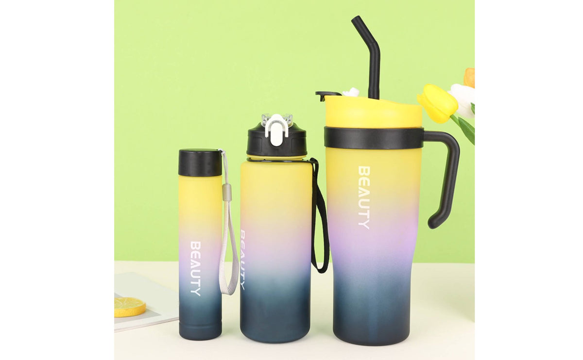 3 Pieces Gradient Color 3 Piece Straw Cup Set Large Capacity Bottle with Handle for Car, Travel