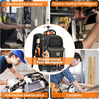 Rolling Tool Backpack with 75 Pockets and Molded Base for Electricians and Construction Work