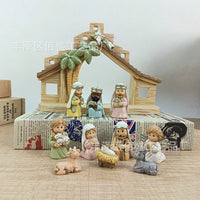 11-Piece Cartoon Nativity Scene Resin Craft Set with Tree and Stable