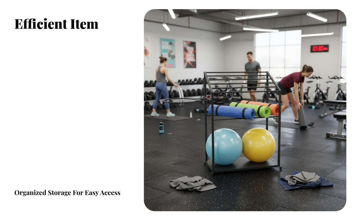 Space Saving Fitness Ball and Mat Rack Large Capacity Fitness Mat Storage Rack Sturdy & Long-Lasting Home Gym Storage Cart Mobile Design