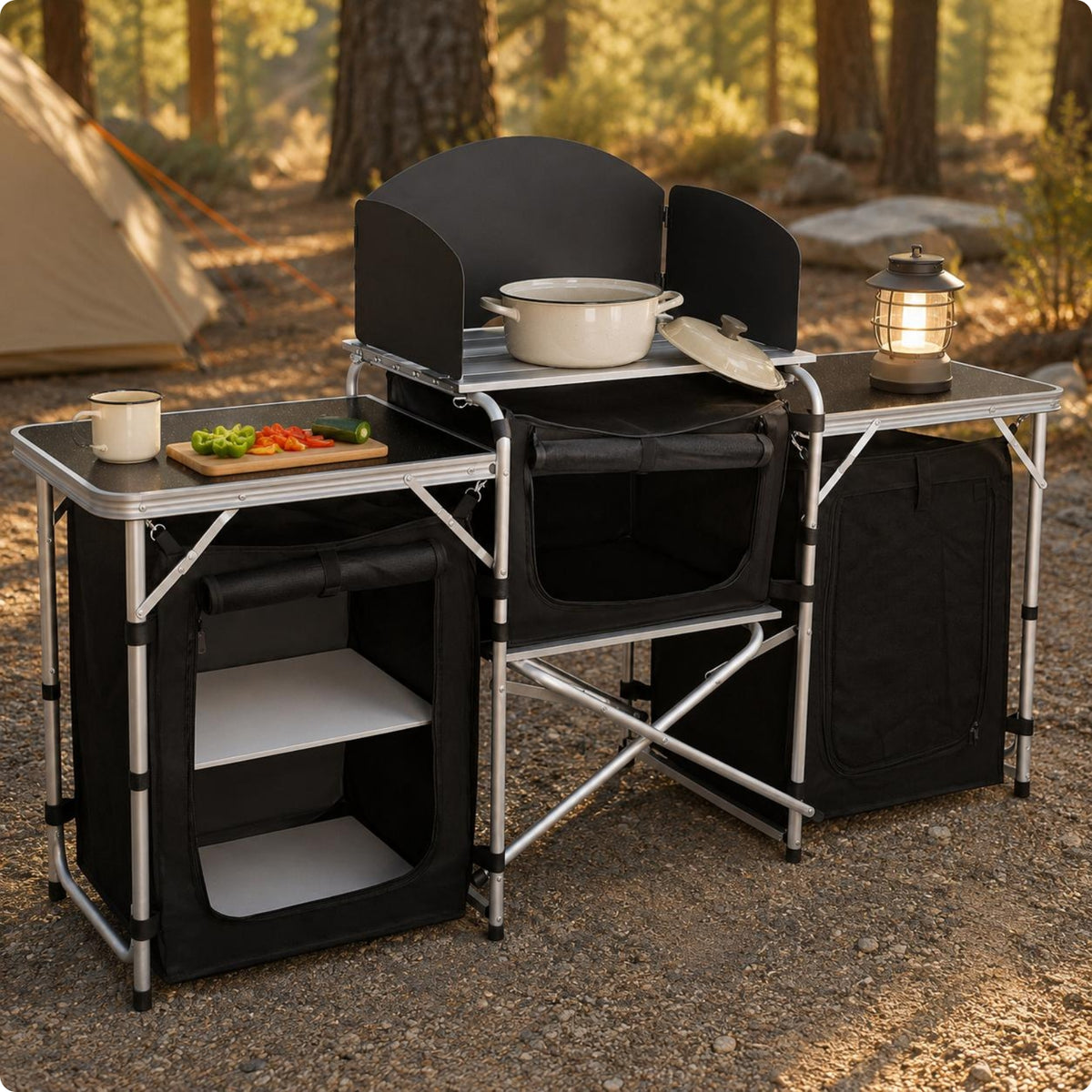Field Kitchen Setup Table Windscreen Outdoor & Cooking Table Elevated Shelf Portable Cooking Area for Campers