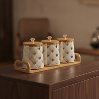 Ceramic spices Jars with Bamboo Lids Gold-Toned Seasoning Jar  Stylish Condiment Container  for Kitchen