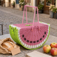 Watermelon Outing Basket Green Trim Faux Rattan Outing Basket Portable