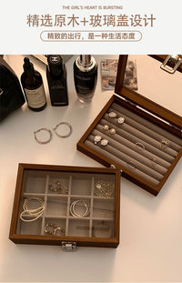 Black Walnut Wood Grain Portable Jewelry Box for Rings, Necklaces, Earrings, and Ear Pins