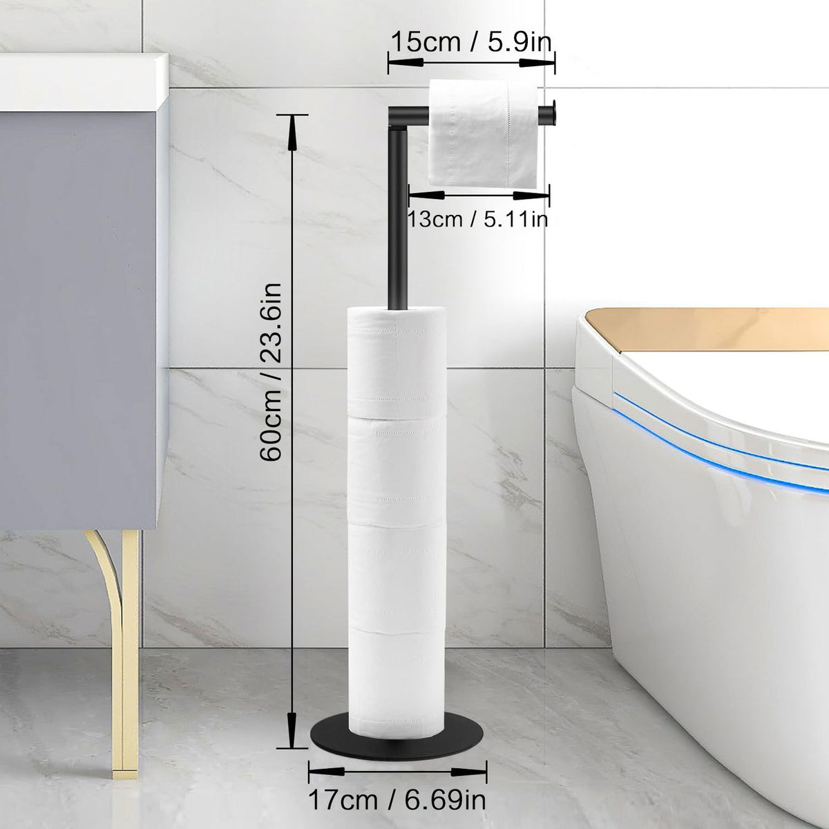 Stainless Steel Standing Toilet Paper Holder, Black, Round, Powder-Coated