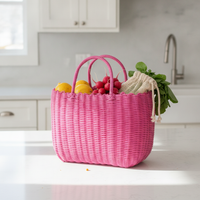 Hand-Woven Plastic Storage Basket with Handle for Shopping, Bath, or Pet Use