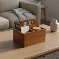 Multi-Compartment Storage Box Sturdy Wood Construction Handled Desktop Carrier
