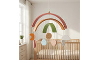 Wooden Mobile with Rainbow Natural Hanging Baby Mobile with Charms Gender Neutral Simple for Newborns, Crib, Nursery