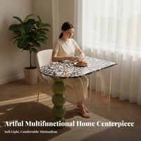 French design Semi-Oval Pedestal Table Terrazzo Pattern Top Kitchen Island Creamy Aesthetic Household Furniture Floating Design for Apartment Dwellers, Families, Homeowners, Dining Room, Small Spaces, Apartments, Family Gatherings