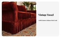 French Inspired Skirted Velvet Sofa Sumptuous Upholstery Upholstered Couch Designer Piece Living Room Furniture Vintage Aesthetic for Interior Designers, Homeowners, Families, Lounge, Boutique Hotel, Apartment, Reception Area