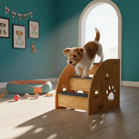 Non-Slip Dog Stairs Wear-Resistant Non-Slip Pet Steps Dog Stairs for High Bed Hardy Wood Wooden Pet Steps Paw Print Cutouts