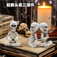 跨境万圣节骷髅树脂摆件鬼节氛围不听不看不说骷髅南瓜工艺装饰品