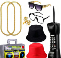 Hip Hop Gold Necklace Bracelet Black Bucket Hat Sunglasses Dollar Ring Party Costume Set