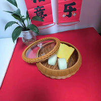 带盖圆形加固收纳筐带盖点心盘纯手工编织高端桌面篮藤编
