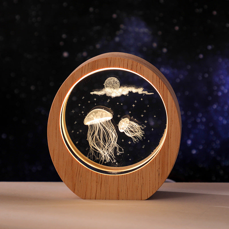 3D Internal Engraved Crystal Night Light with Wooden Base