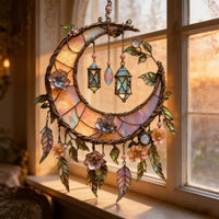 Flower-Adorned Moon Hanging Ornament Light Catching Acrylic Moon Ornament Creates Colorful Light Displays Window Hanging for Balcony, Patio