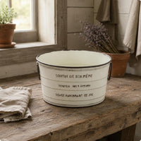 Rustic Metal Flower Pot Printed French Text Tapered Planter Bucket Side Handles