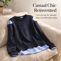Plus Size Tops for Women with Striped Long Sleeve Design, Round Neck Casual Style, Faux Two Piece Layered Look, Flattering Fit