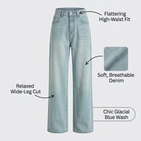Women's Jeans High Waisted with Embroidered Details, Non Stretch Thick Denim Trousers for Casual and Travel Outfits, Wide Leg