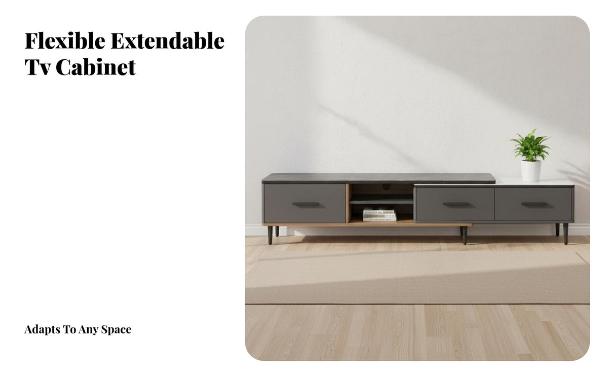 2 Pieces Scratch Resistant Extendable TV Stand and Coffee Table Set Easy to Clean Modern Sintered Stone Media Console Long-Lasting Construction Coffee Table and TV Stand Set Accommodates Large TVs for Small Apartment Dwellers, Living Room