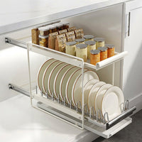 Pull-out Dish Rack with Pull-out Storage Tray, Stainless Steel Cabinet Organizer, Pull-out Bowl Rack for Kitchen Drawer, Cabinet Pull-out Unit