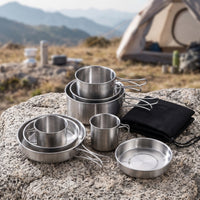 304 Stainless Steel Camping Cookware Set with Storage Bag Outdoor Cookware Set with Folding Handles Nesting Mess Kit Compact for Backpackers