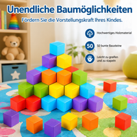 Wooden Cubes Building Blocks, 50 Pieces Natural Wood Building Bricks, Motor Skills Promotion from Age 3