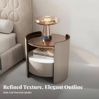 Cylindrical End Table Single-drawer Nightstand Modern Bedside Cabinet Italian Minimalist Wood Saddle Leather Glass Top Suitable for Apartment Dwellers Adults Small Areas Hotel Room